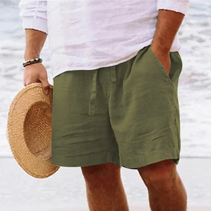 maoxiangshop Men's summer cotton and linen shorts with drawstring elastic waist, straight legs, solid color, breathable daily beach capris