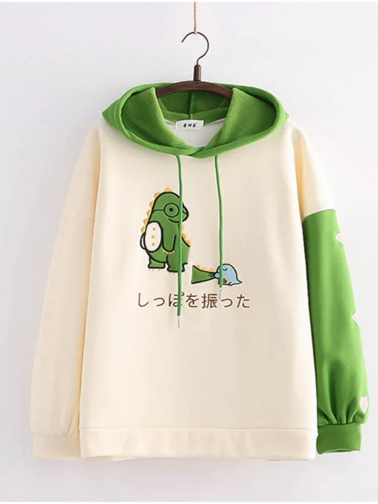 maoxiangshop Harajuku Kawaii Hoodies Cartoon Dinosaur Print Casual Women Winter Warm Fleece Hooded Cotton Sweatshirt Teen Girls Cute Top