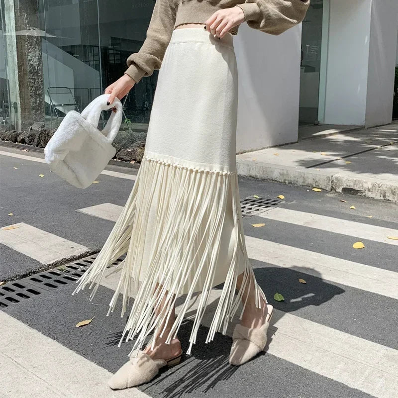 maoxiangshop French Chic Tassel Long Skirts for Women A-line High Waist Female Faldas Ajustadas Ladies Autumn Fashion Maxi Skirt