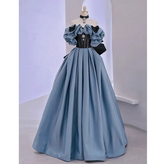 maoxiangshop Blue Satin High-End Banquet Evening Dress Annual Meeting Boat Neck Covering Flesh Princess Dresses Puff Sleeve Ball Gown