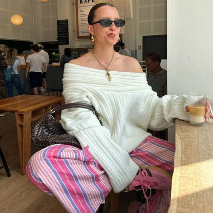 maoxiangshop  -  Off The Shoulder Autumn Women Sweater Pullover Extended Elongated Sleeves Ultra Knitted Sweater Chic Loose Sweaters Streetwear