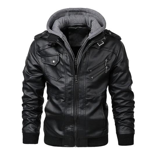 maoxiangshop Autumn Winter Men's Leather Jackets Hooded Casual Motorcycle PU Jackets Biker Leather Outerwear Brand Clothing