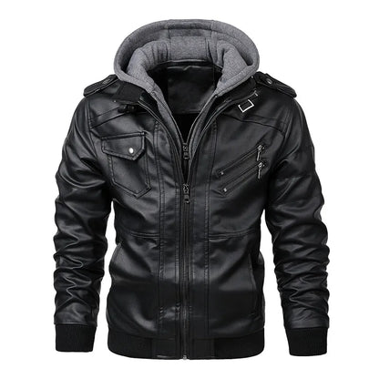 maoxiangshop Autumn Winter Men's Leather Jackets Hooded Casual Motorcycle PU Jackets Biker Leather Outerwear Brand Clothing