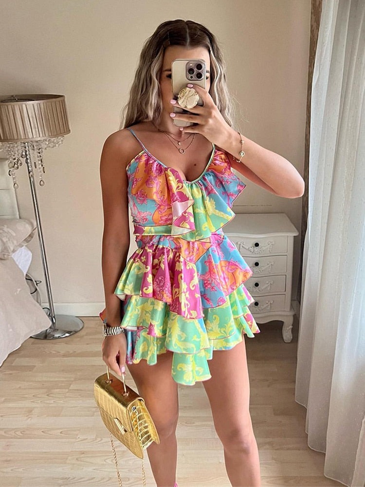 maoxiangshop Summer Floral Print Dress Women Party Dress New Arrival Elegant Ruffle Dress Mini Slip Dress Backless Sexy Club Beach Dress