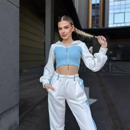 maoxiangshop  -  Women Casual Contrast Hoodies Pants Sets Slim Zipper Short Hooded Coats Lace Up Wide Leg Pant 2024 Autumn Lady Fashion Tracksuit
