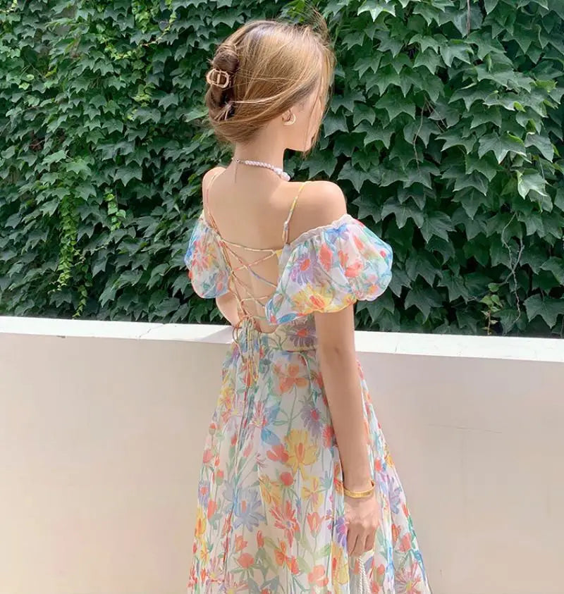 Women's French First Love Puff Sleeves Floral Long Dress Summer Dresses Cool and Breathable Bare Shoulder Korean Fashion 2024