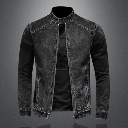maoxiangshop High Quality Men's Denim Jackets Black Stand Collar Motorcycle Outerwear Cotton Vintage Bomber Jacket Mens Moto Biker Denim Coat