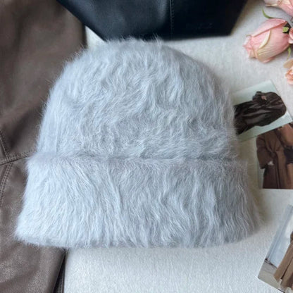 maoxiangshop New Fashion Rabbit Fur Y2k Beanies for Women Soft Warm Fluffy Angola Winter Hat Female Windproof Bonnet Hat Skullies Cap