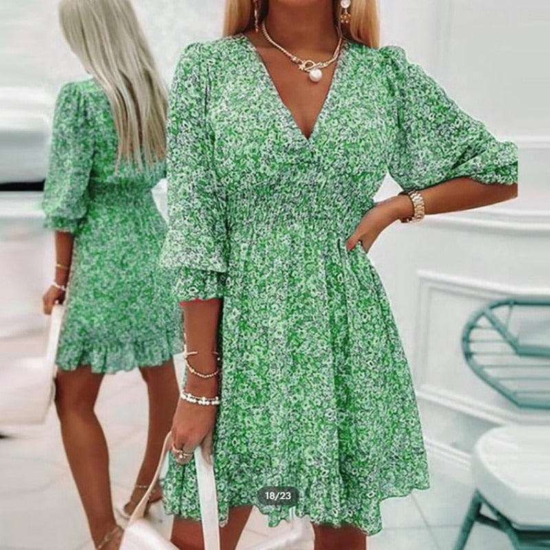 maoxiangshop Women Summer Fashion Bohemian Dress Nipped Waist Pullover Deep V Neck Beach Dress Print Short-sleeve Floral Bright Dress