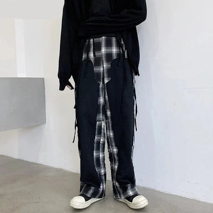 maoxiangshop 2024 Fashion Elegant Plaid Splicing Design Casual Pants Men's Trendy High Street Original Straight Tube Trousers