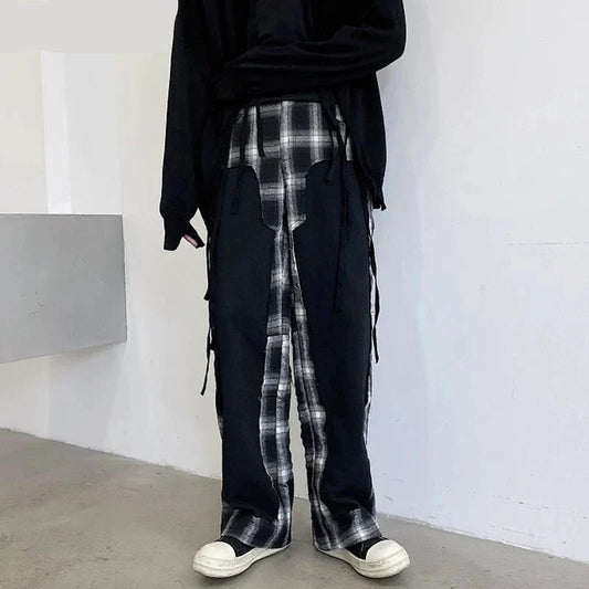 maoxiangshop 2024 Fashion Elegant Plaid Splicing Design Casual Pants Men's Trendy High Street Original Straight Tube Trousers