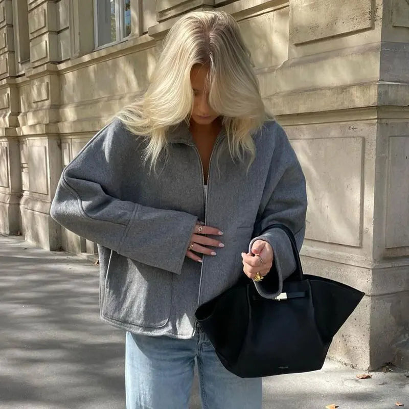 maoxiangshop -  Women Grey Lapel Patchwork Zipper Coat Long Sleeve Oversized Loose Autumn Jacket Chic Female Casual Commute Office Outwear