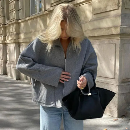 maoxiangshop -  Women Grey Lapel Patchwork Zipper Coat Long Sleeve Oversized Loose Autumn Jacket Chic Female Casual Commute Office Outwear