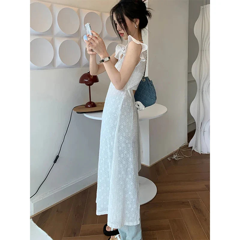 Flying Sleeve Dress Women Solid Bandage Hollow Out A Line Midi Dresses Elegant Korean Chic Criss Cross Backless Vestidos