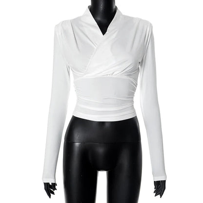 maoxiangshop  -  Cross-Neck Slim Long Sleeve Crop Top For Women Elegant Ruched Solid T shirt Autumn Fashion Versatile Female Pullovers