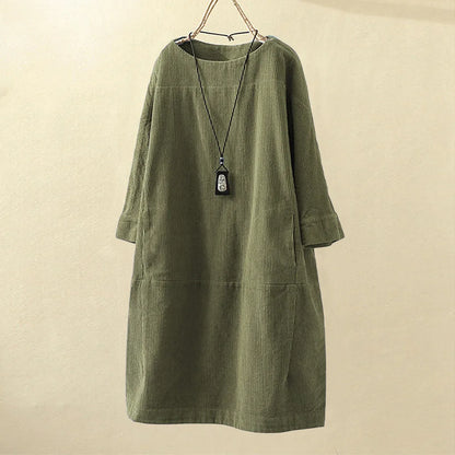 maoxiangshop Women Vintage Pockets Corduroy Solid Color Long Sleeve Loose Casual Dress vestido feminino party dresses Women's dress