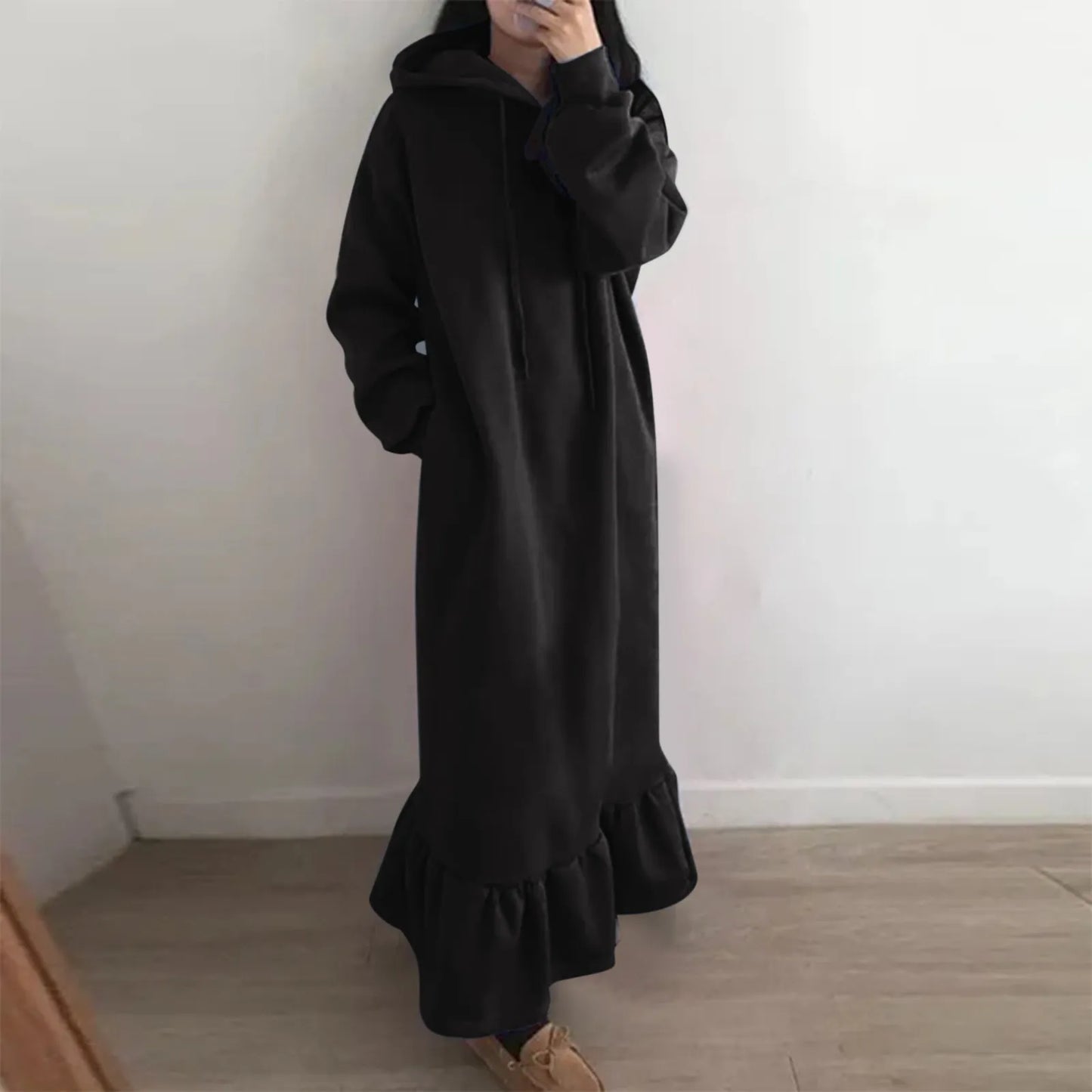 maoxiangshop New Fashion Hooded Sweatshirts Dress Women Casual Solid Long Sleeve Maxi Dresses Winter Clothes Vestidos Warm Robe Femme