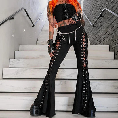 maoxiangshop Women's Gothic Pants Spring 2024 New Dark Wind Street Fashion Trend Cock-eye Tie Design Flared Pants Women