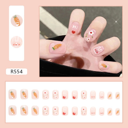 24pcs French Fake Nails Short Art Nail Tips Press Stick on False with Designs Full Cover Artificial Pink Wearable Clear Tips