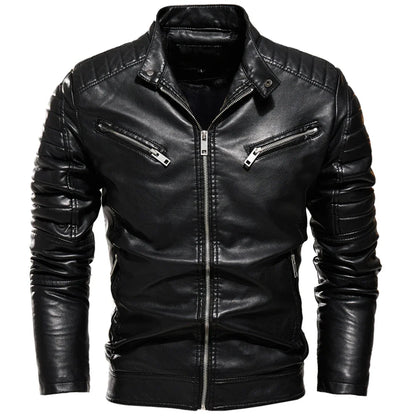 maoxiangshop Winter Black Leather Jacket Men Fur Lined Warm Motorcycle Jacket Slim Street Fashion BLack Biker Coat Pleated Design Zipper