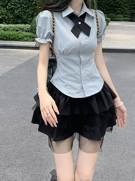 maoxiangshop  -  Japanese Style 2 Piece Sets Women's Outfits Cute Short Sleeve Ruffles Sailor Collar Slim Waist Bowknot Shirts and Skirt Student