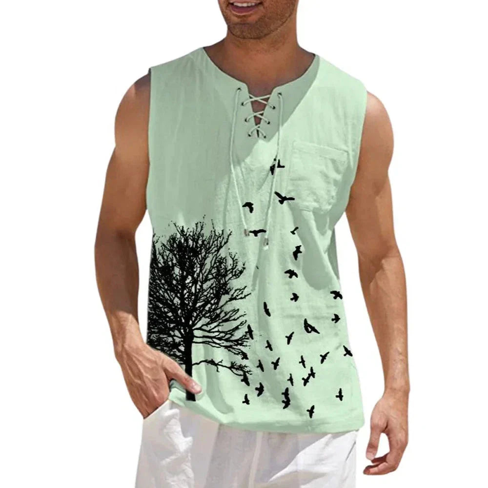 maoxiangshop Plus Size 4xl 5xl Mens Boho Tree Birds Print Shirts Summer Bandage Tops Men Sleeveless Blouse Male Pullovers Casual Shirt