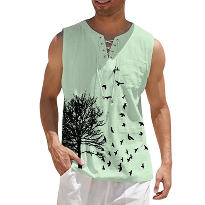 maoxiangshop Plus Size 4xl 5xl Mens Boho Tree Birds Print Shirts Summer Bandage Tops Men Sleeveless Blouse Male Pullovers Casual Shirt