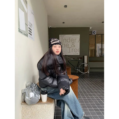 maoxiangshop  -  American High Street Stand Collar Thicken Warm Cotton-Padded Coat Women Winter New Solid Pop Simple Design Sense Short Coat