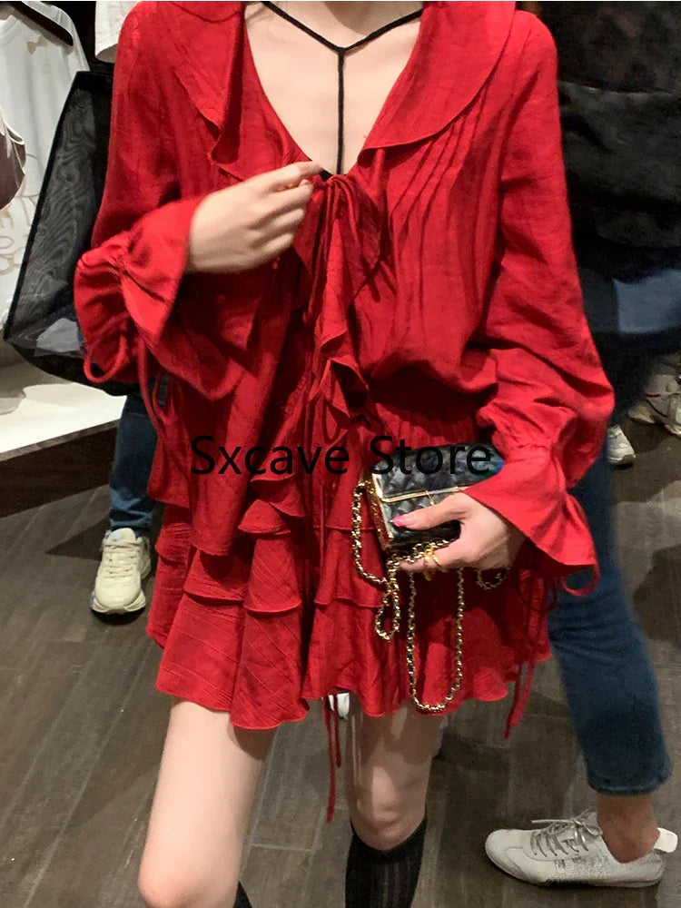 Autumn Red 2 Piece Dress Set Women Casual V-Neck Y2k Crop Tops + Mini Skirts Even Party Clothing Korean Style Fashion Suits