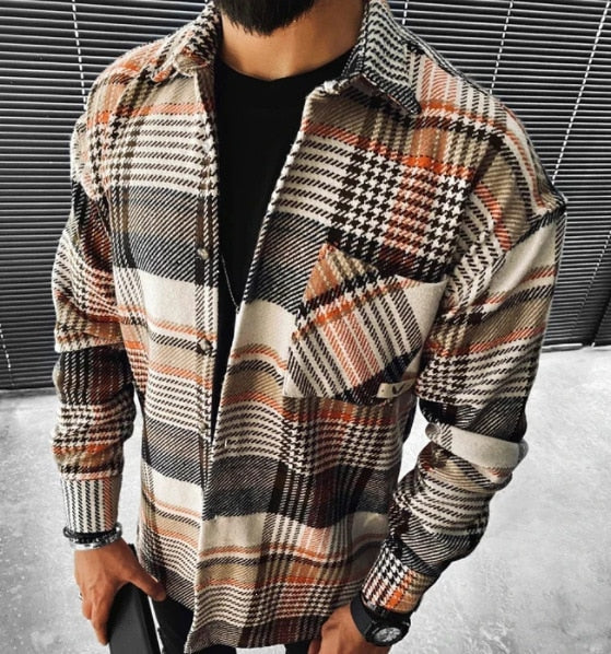 maoxiangshop Men Plaid Shirt Spring Fashion Large Size Pockets Long Sleeve Top Turn-down Collar Single-breasted Shirts