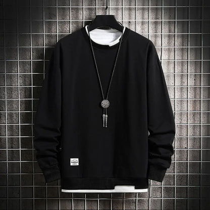 maoxiangshop Mens Casual Sweatshirts Fashion Fake Two Pieces O Neck Hoodies Men Harajuku Streetwear Tops Spring Autumn Solid Male Sweatshirt