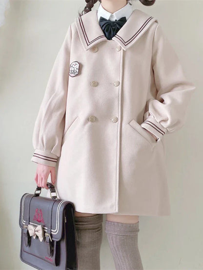 Solid Warm JK Style Girls Wool Blends Long Coats Jacket Winter Metal Single-breasted  Sleeve Casual  Warmness Outwears