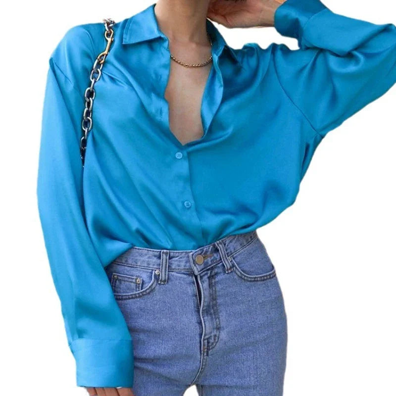 maoxiangshop  -  Autumn Office Lady Loose Turn Down Collar Button Clothes Fashion Blue Shirt New Long Sleeve Shirt for Women Blusas