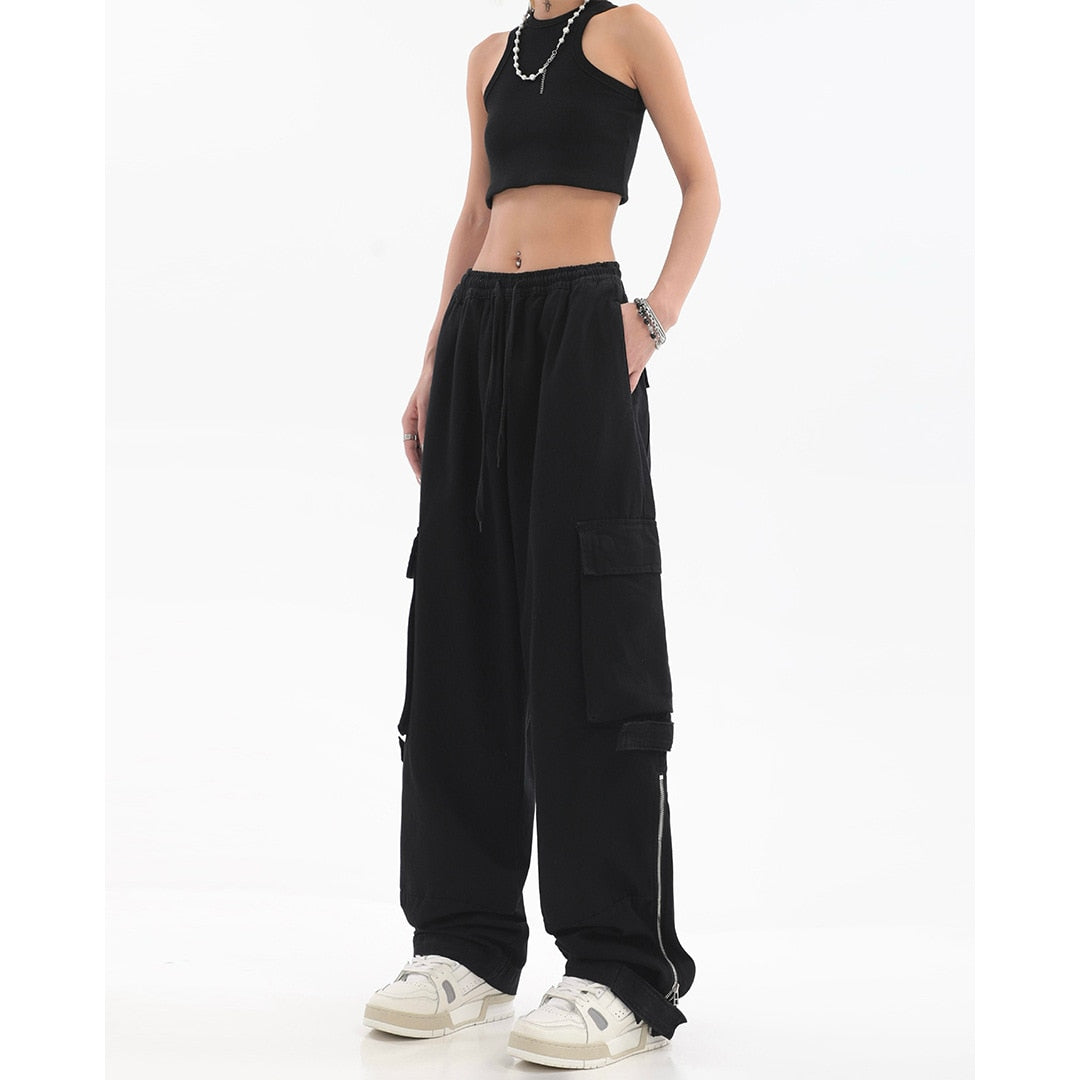 2023 Side Pocket Cargo Pants Women's Trousers Baggy Y2k High Waist For Lovers Straight Casual Pants Drawstring New Pantalones