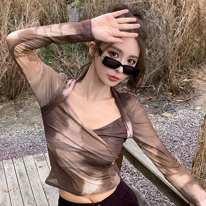 maoxiangshop Summer Women See Through Mesh T Shirt Sexy Tie Dye Print Twist V Neck Long Sleeve Slim Fit Crop Top Casual Streetwear