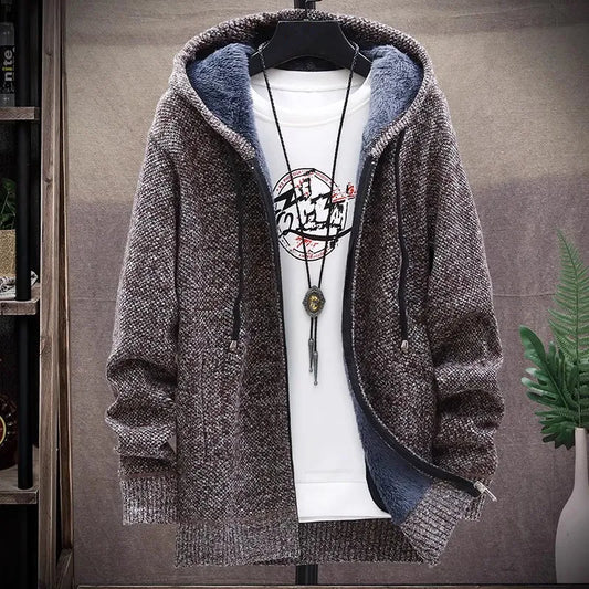 maoxiangshop Men‘s Hooded Cardigan Knitted Sweater Winter Thick Fleece Warm Casual Knitwear Coat Solid Color Cardigan Men Hooded Sweaters