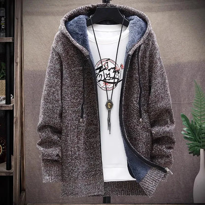 maoxiangshop Men‘s Hooded Cardigan Knitted Sweater Winter Thick Fleece Warm Casual Knitwear Coat Solid Color Cardigan Men Hooded Sweaters