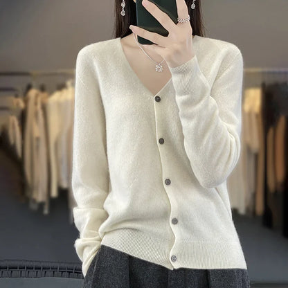 maoxiangshop New Fashion Spring Autumn 100% Merino Wool Women's V-neck Cardigan Cashmere Sweater 2024 Female Knitwear Clothing Korean Tops