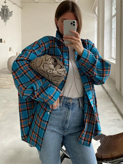 maoxiangshop -  Vintage Plaid Blouses Womans Loose Long Sleeve Shirt Autumn Winter Casual Single Breasted Shirt with Pockets Female Tops