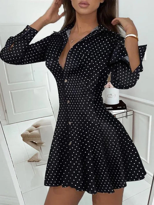 maoxiangshop Dot Print Pleated Dress Women Long Sleeve Turn Down Collar Elegant Mini Dress Ladies Casual Short Dress