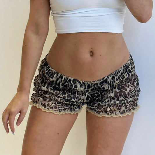 maoxiangshop  -  Women's Y2K Vintage Gothic Ruffled Slim Fit Lace Trim Shorts Summer Leopard Print Elastic Low Waist Lounging Bottoms