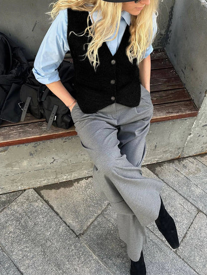 maoxiangshop  -  Basic Knitwear Sweater Vest Grey Sleeveless Button Up V-neck Jumpers Office Ladies England Style Autumn Winter Tops Chic