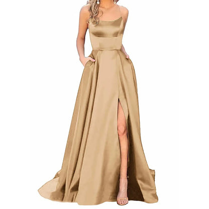 maoxiangshop-Sexy Backless Long Evening Prom Dress Purple Side Slipt Maxi Dress Women A Line Spaghetti Straps Satin Prom Gowns Formal Vestido