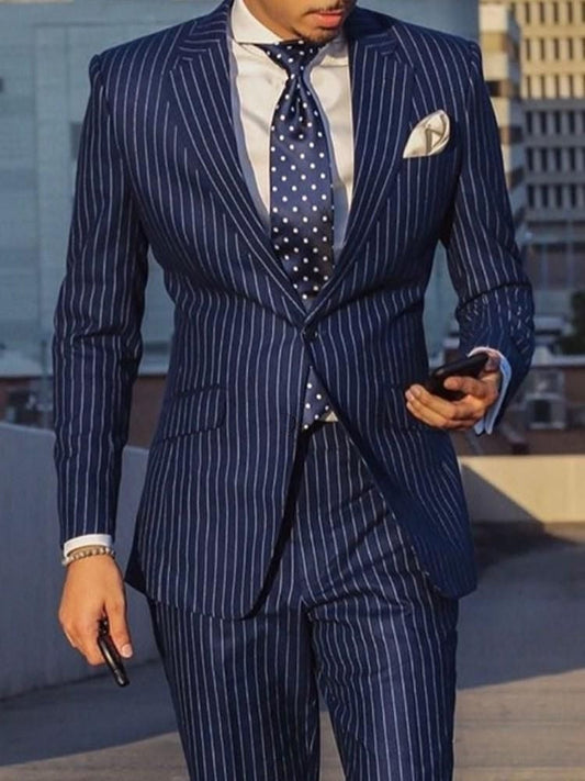 maoxiangshop Navy Blue 2 Piece Slim Fit Business Men Suit Stripe Groom Wedding Tuxedo Custom Skinny Prom Wedding Business Suit