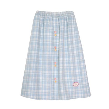 maoxiangshop Kawaii Plaid Skirt Women Winter Elastic Waist A-line Button Patchwork Cute Blue Woolen Long Skirt Harajuku Fashion