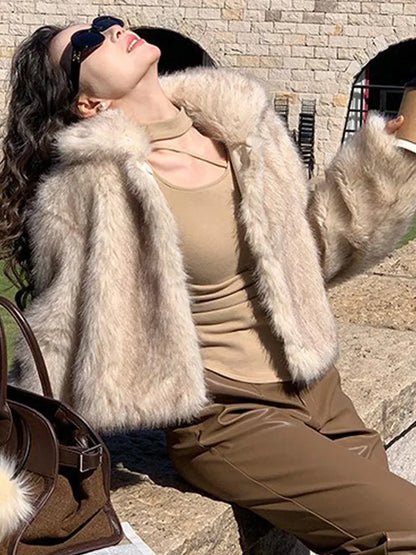 maoxiangshop  -  Vintage Warm Open Fur Coats Women Casual Warm Lapel Solid Faux Fur Overcoats Female Winter Elegant Loose Chic Street Outwear