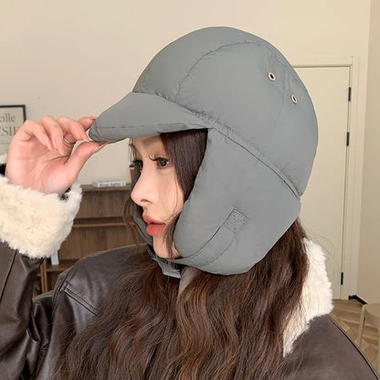 maoxiangshop  -  Down Cotton Bomber Hats for Women Winter Windproof Ear Protection Cap Warm Thick Motorcycle Lining Korean Solid Cycling Ski Hat