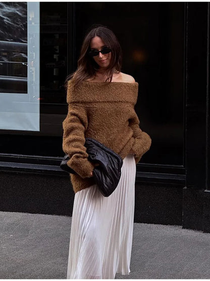 maoxiangshop  -  Women Chic Solid Off Shoulder Loose Knitted Pullover Fashion Long Sleeve Warm Sweater 2024 Autumn Lady New Casual Knitwear Top