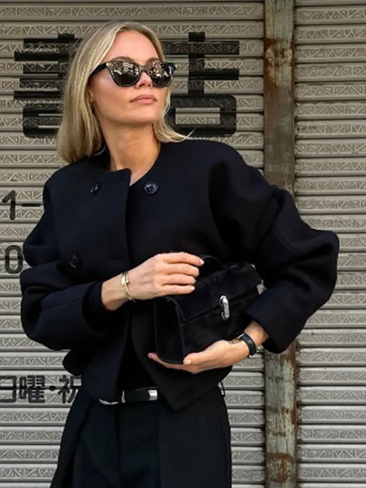 maoxiangshop -  Autumn Faux Woolen Solid Cropped Jacket Women Single Breasted Button Pocket Baseball Coat Fashion Long Sleeve Female Outwear