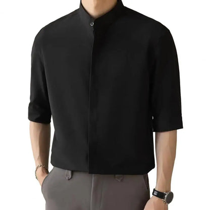maoxiangshop Slim Fit Stand Collar Shirt Men Solid Color Shirt Stylish Stand Collar Men's Shirt for Business Commute Office Slim Fit Half